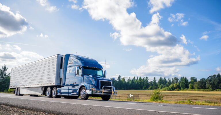 A blue semi-truck hauling a long trailer drives on an open highway with grassy fields and trees under a bright sky.